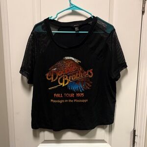 Forever 21 Black Graphic Mesh Sleeve Crop Tee